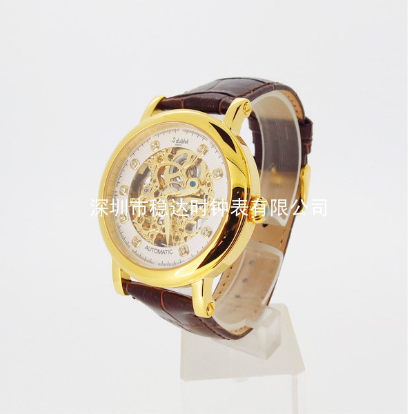 穩(wěn)達(dá)時(shí)高端大氣不銹鋼殼真皮表帶鏤空機(jī)械手表批發(fā)工廠